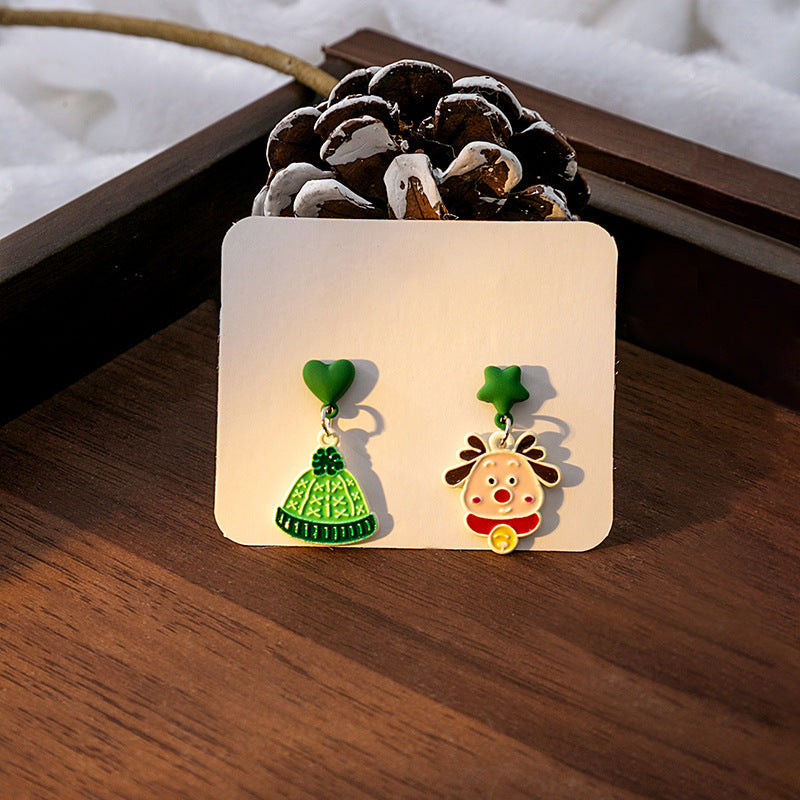 Wholesale Silver Needle Christmas Elk Bell Bow Santa Claus Love Snowflake Asymmetrical Earrings